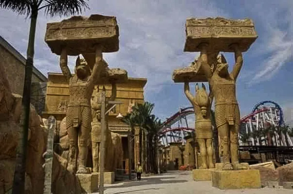 Statues made with sand and a mixture of fiberglass, designed to resemble ancient Egyptian rock formations, are displayed in the Ancient Egypt zone at Singapore