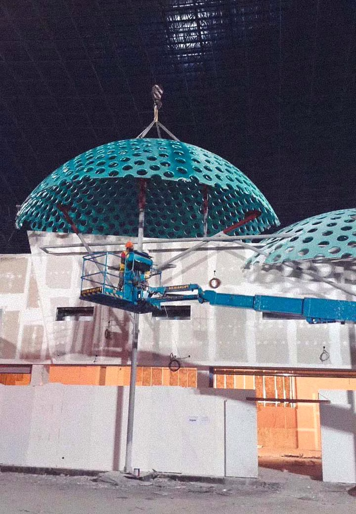 Jumbo umbrella dome of fiberglass with both side finishing installing at site with Crane and help of cherry picker.